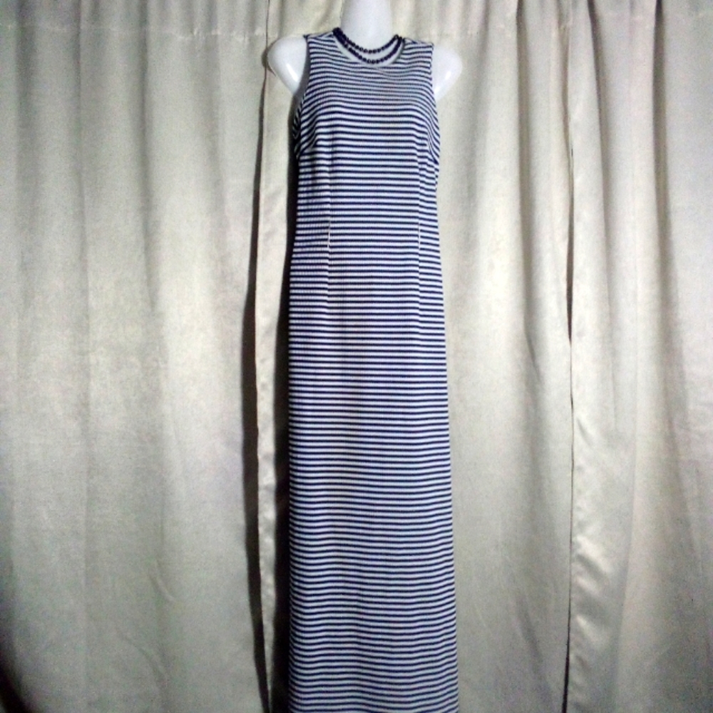Vintage S. Howard Hirsh Navy and White Striped Sleeveless Maxi Dress